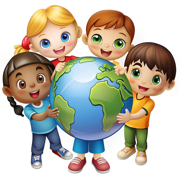 Vector a group of children holding a globe with the word world on it