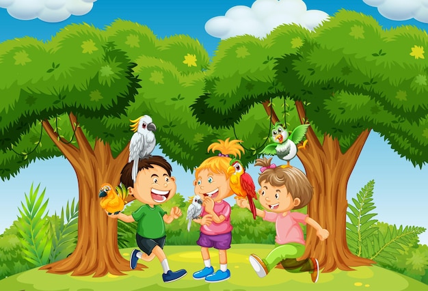 Group of children playing with their pet in the park scene