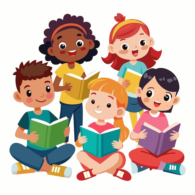 Un gruppo di bambini seduti con i libri e uno che legge un libro