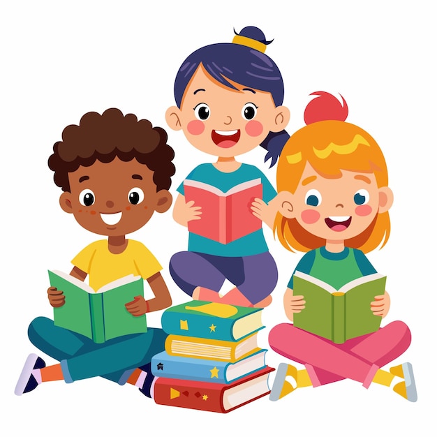 a group of children sit with books and one reading a book