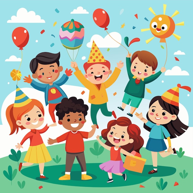 a group of children with balloons and a balloon with the words quot happy birthday quot on it