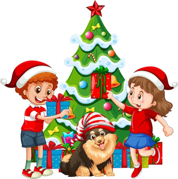 Group of children with their dog wear christmas costume cartoon character on white background