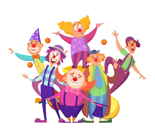 Vector group of clowns funny colored entertainment circus workers characters isolated funny clown illustration colorful costume group