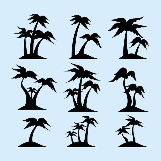 Group of coconut palm trees silhouette on small isolated island Set collection of coconut palm trees island silhouette