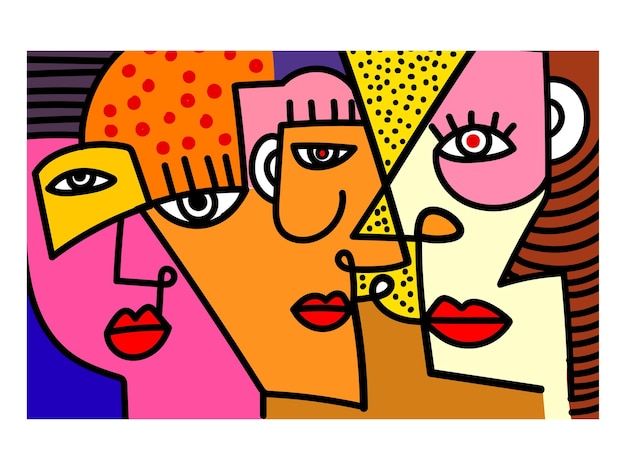 Группа красочных абстрактных лицевых портретов в стиле кубизма, декоративная линия, нарисованная вручную, векторный дизайн
