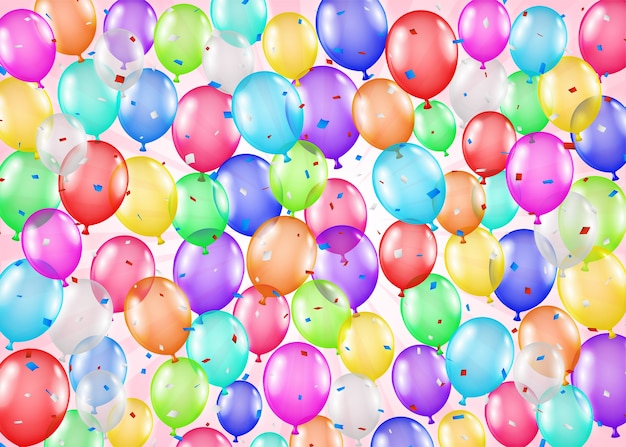 group of colorful balloons and confetti background