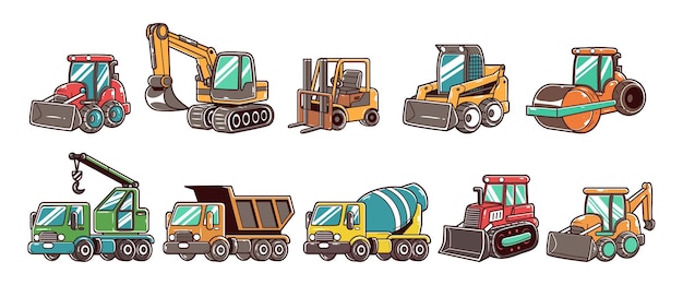 Иллюстрационное множество векторных элементов группы строительных транспортных средств