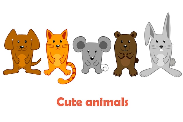 Group of cute cartoon domestic and wild animals. Set character animal cat, dog, mouse, rabbit.