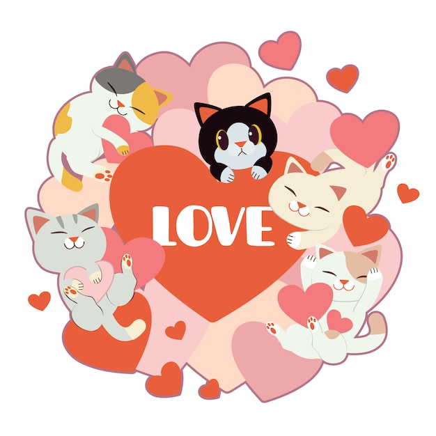 Vector group of cute cat and friends with a lot of heart on white