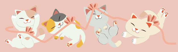 Un gruppo di simpatico gatto che gioca con il filo rosa