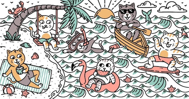 Vector a group of cute cats on the beach illustration