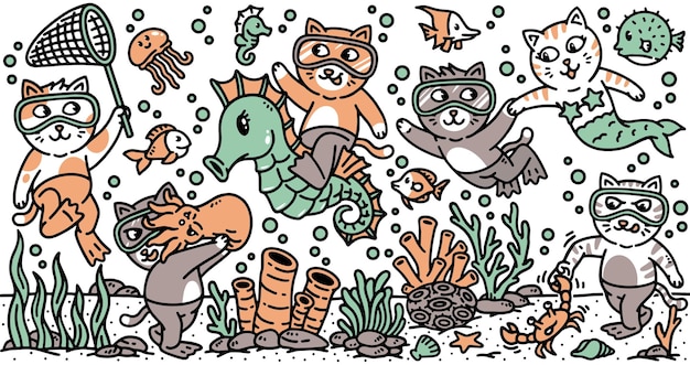 Группа милых кошек ныряет в море