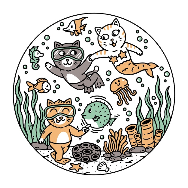 A group of cute cats having fun in the sea