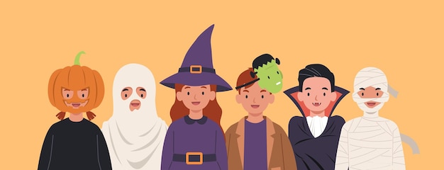 Group cute childrens in costumes for halloween.  illustration in a flat style