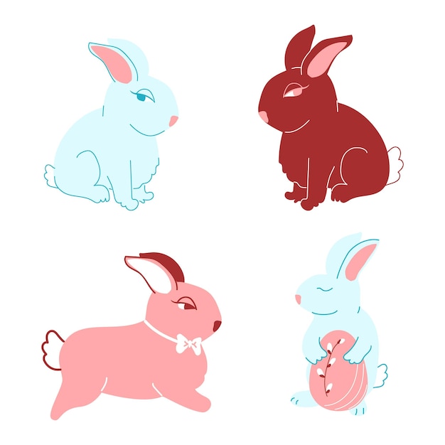 흰색 배경에 격리된 귀여운 부활절 토끼 동물 손으로 그린 그림의 그룹