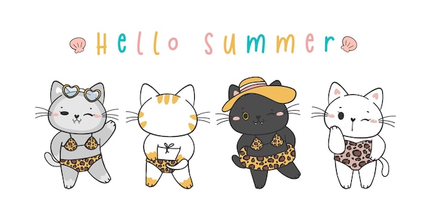 Gruppo di carino gattino estivo divertente gatto in bikini leopardo cartone animato doodle animale domestico disegnato a mano vettore