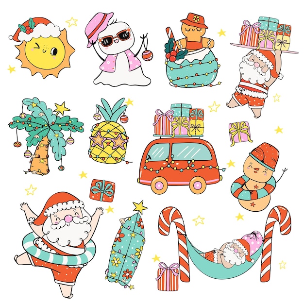 Vector group of cute groovy summer christmas tropical holidays element symbol cartoon doodle hand drawn set