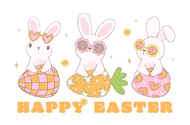 Vector group of cute happy groovy easter bunny with disco retro eggs playful cartoon banner doodle animal