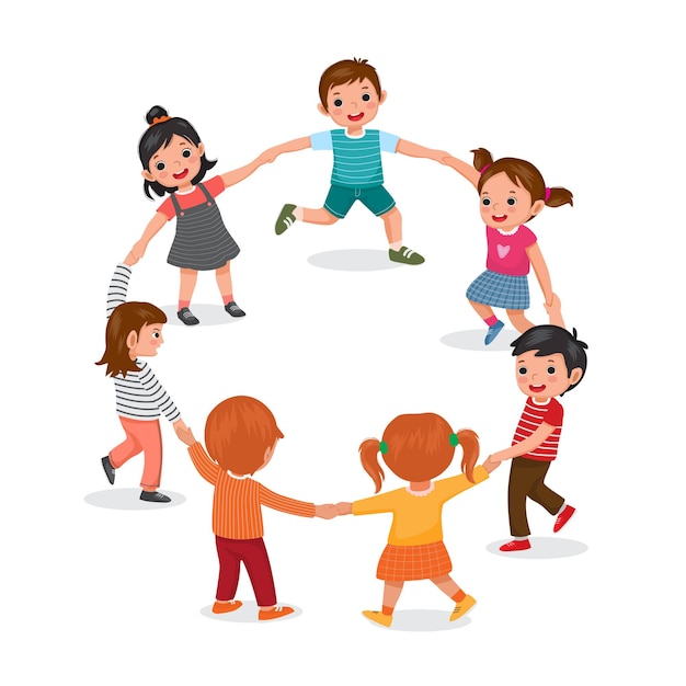 Group of cute happy little children boys and girls holding hands and dancing in circle having fun pl...