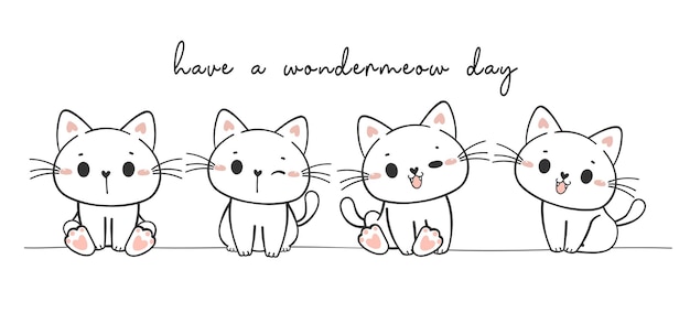 귀여운 행복 미소 고양이 고양이 앉아 만화 낙서 손 그리기 배너 벡터의 그룹