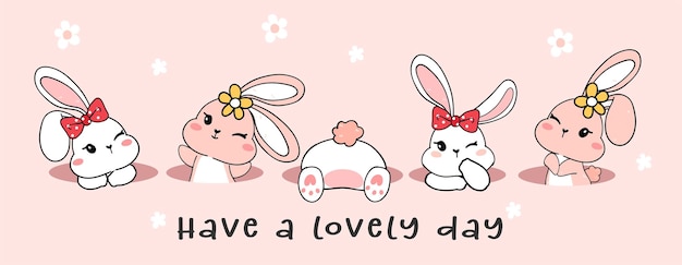 Group of cute Happy white baby bunny rabbit in hole have a lovely day cartoon drawing outline banner