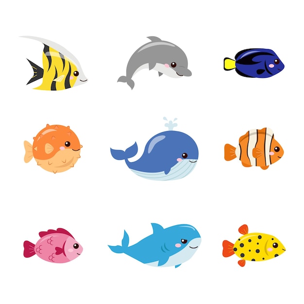 Group of cute ocean fish Underwater animals Flat vector cartoon design