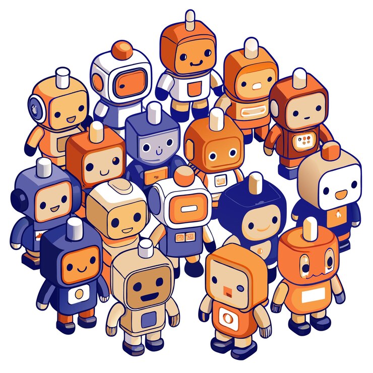 Vector a group of cute robots in a circle all smiling and looking happy