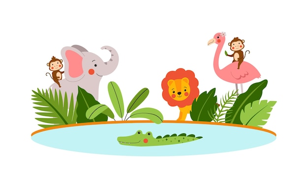 Vector group of cute safari animals on the banks of a tropical river