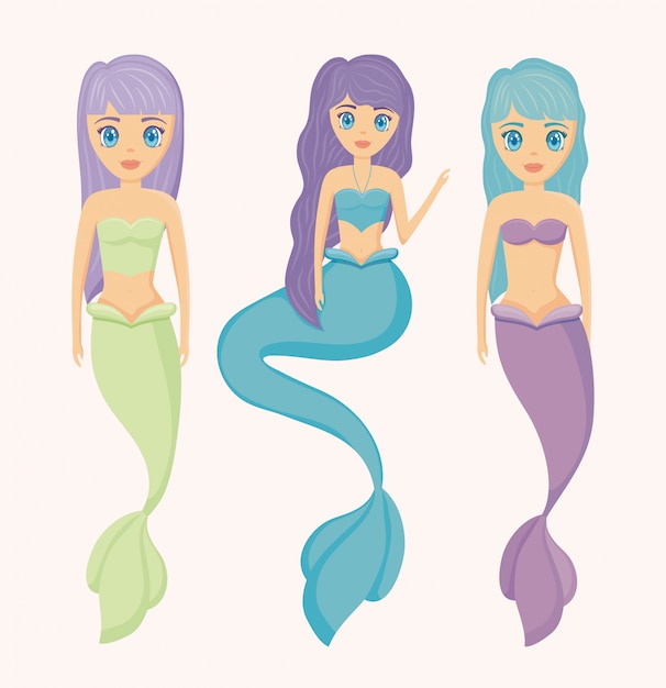 Vector group of cute sirens avatar character