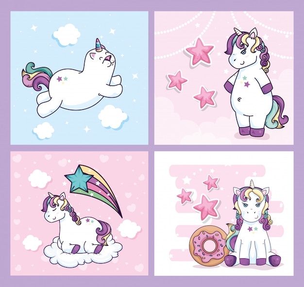 Group of cute unicorns fantasy with decoration