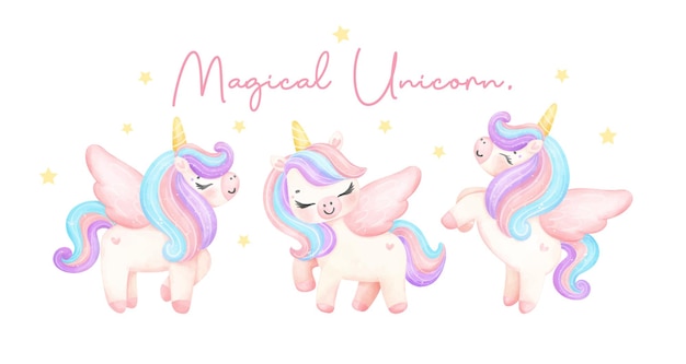 Gruppo di unicorni carini a acquerello striscione sognante vivaio illustrazione artistica unicorno magico