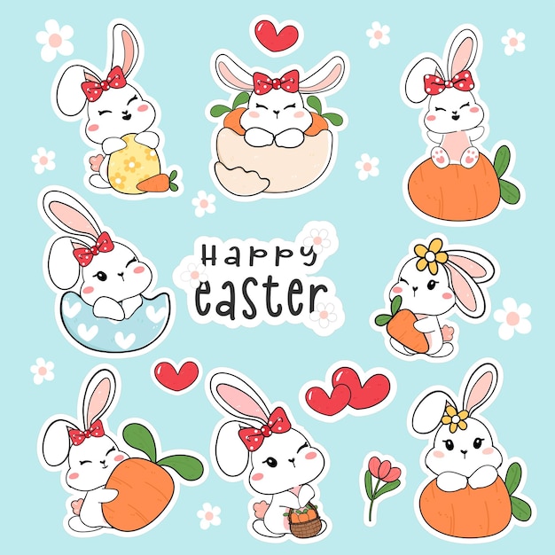 Group of cute white baby bunny rabbit with carrot and Easter egg sticker collection set cartoon draw