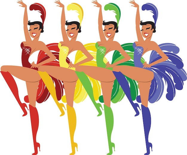 背中に異なる色の衣装を着たダンサーのグループ。
