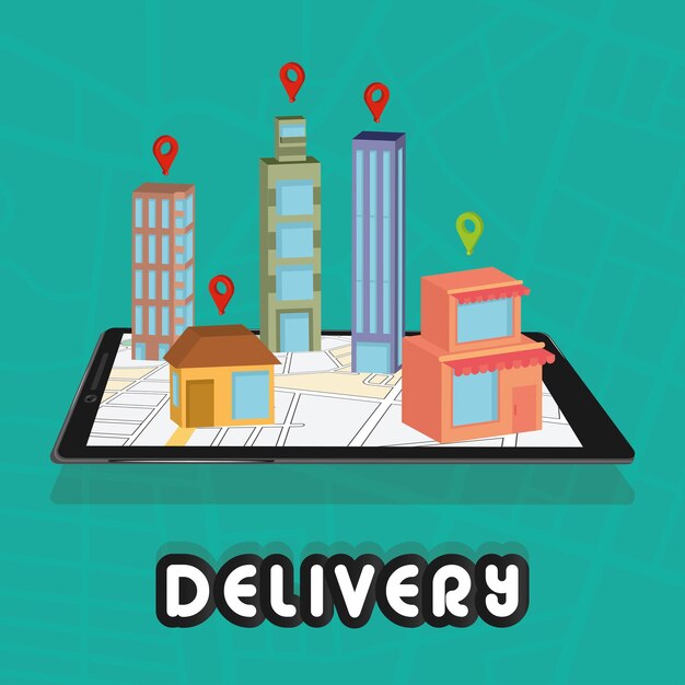 Vector group of different buildings connected on a delivery app delivery concept vector