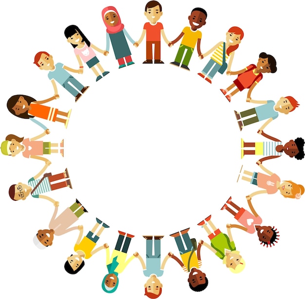 Vector group of different children standing round and holding hands