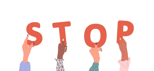 Группа разных женских рук, держащих красное слово «Стоп». Разнообразные многоэтнические люди вместе Векторная ручная иллюстрация в мультяшном стиле Партнерство и сотрудничество в решении