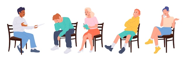 Vector group of different people at physiological therapy session with psychologist psychotherapist man woman teenage child having mental disorder panic problem or stress getting help vector illustration