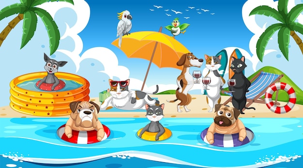 Un gruppo di animali domestici diversi fa varie attività sulla spiaggia