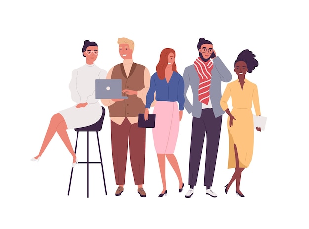 Vector group of different smiling young employee of multinational company vector flat illustration. happy diverse business people posing together isolated on white. joyful stylish modern man and woman.