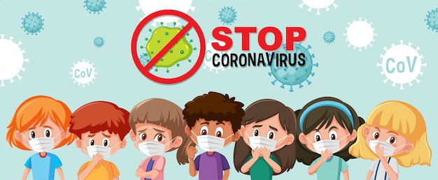 Gruppo di diversi adolescenti che indossano una maschera con logo stop coronavirus