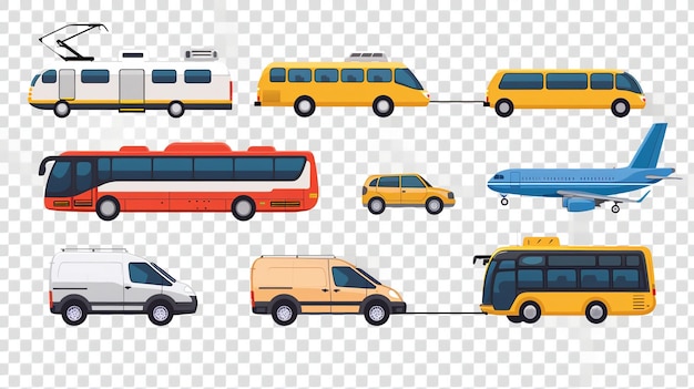 A group of different types of vehicles on a transparent background