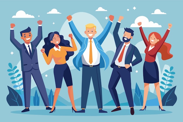 a group of diverse business professionals celebrate their achievement with raised arms and smiles in a professional setting