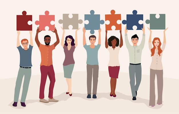 Group of diverse culture people with raised hands holding and connecting jigsaw puzzle pieces