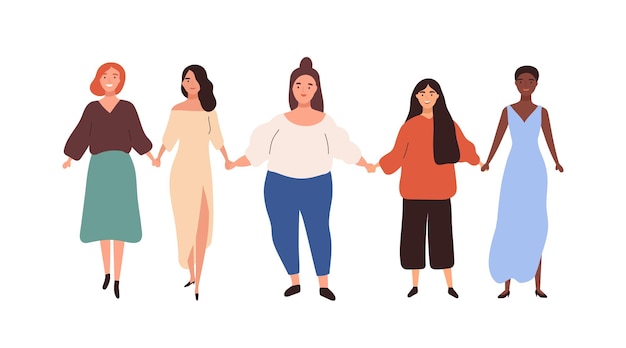 Vector group of diverse different heigh and weigh woman holding hand vector flat illustration. happy girl union of feminists standing together isolated on white. colorful female friend enjoying sisterhood.