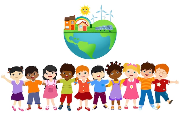 Vector group of diverse and multiethnic children embracing each other unity for an ecological world