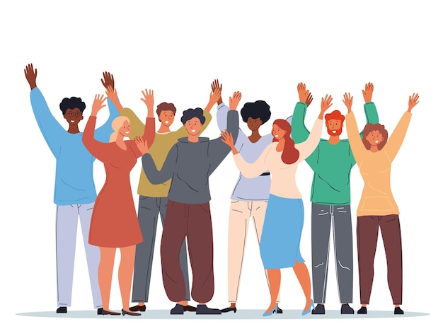 Vector group of diverse multiracial smiling people standing with raised hands young multiethnic happy men