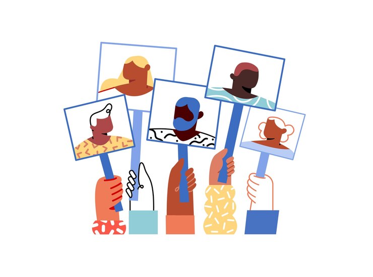 Vector group of diverse people holding photo frames in hands voting concepts flat vector illustration