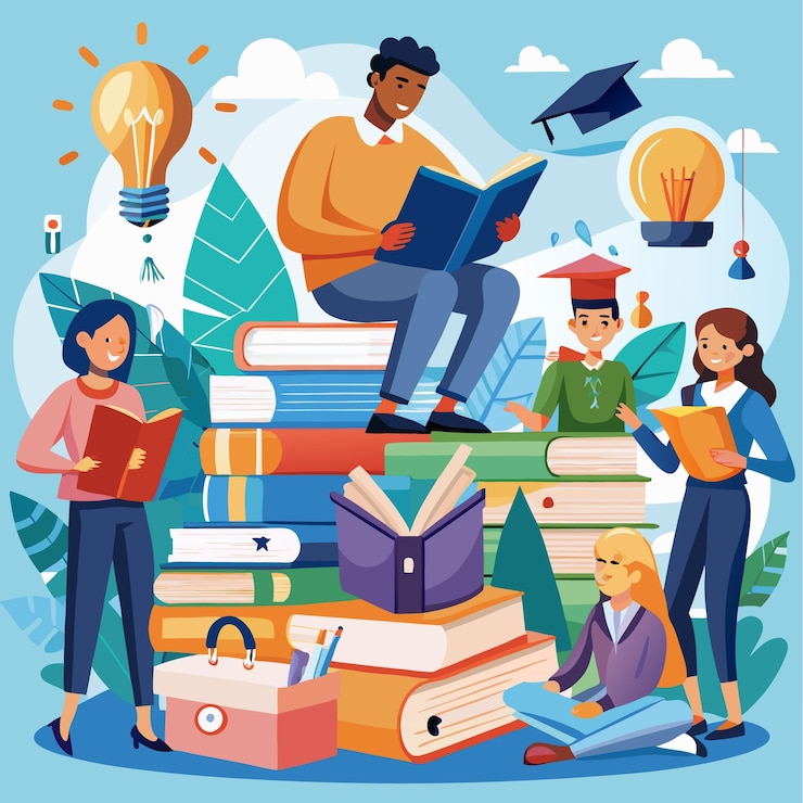 Vector group of diverse students learning and reading books