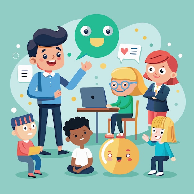 A group of diverse students and a teacher having a classroom discussion with a laptop and a smiley face ball