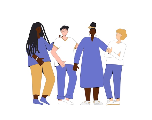 Group of diverse teenagers standing together Young female and male friends